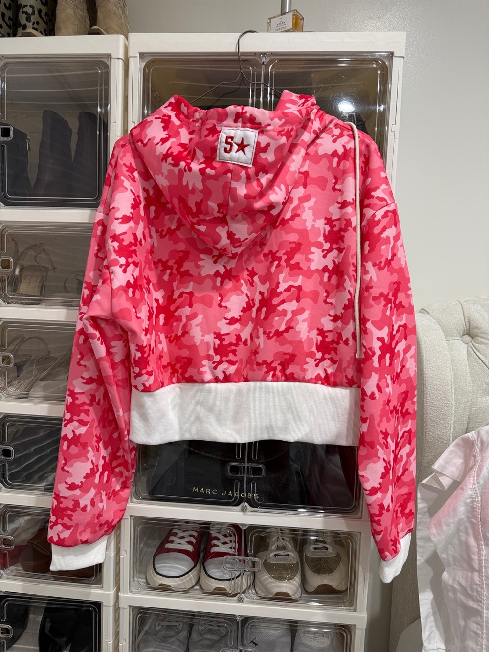 5★ Pink Camo Cropped Hoodie with White Trim